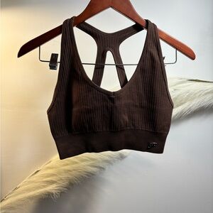 Brown Ribbed Sports Bra